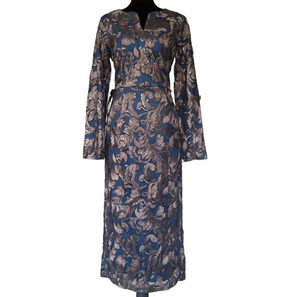 NWT JS Collections Metallic Brocade Sequin Dress Size 8 Teal Blue Gold Cocktail - Picture 3 of 9